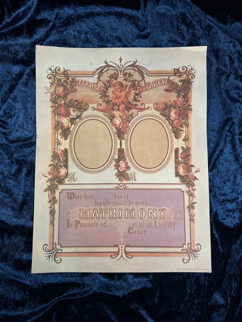 Vintage Paper Marriage Certificate Victorian Style Cherub Floral Keepsake Print